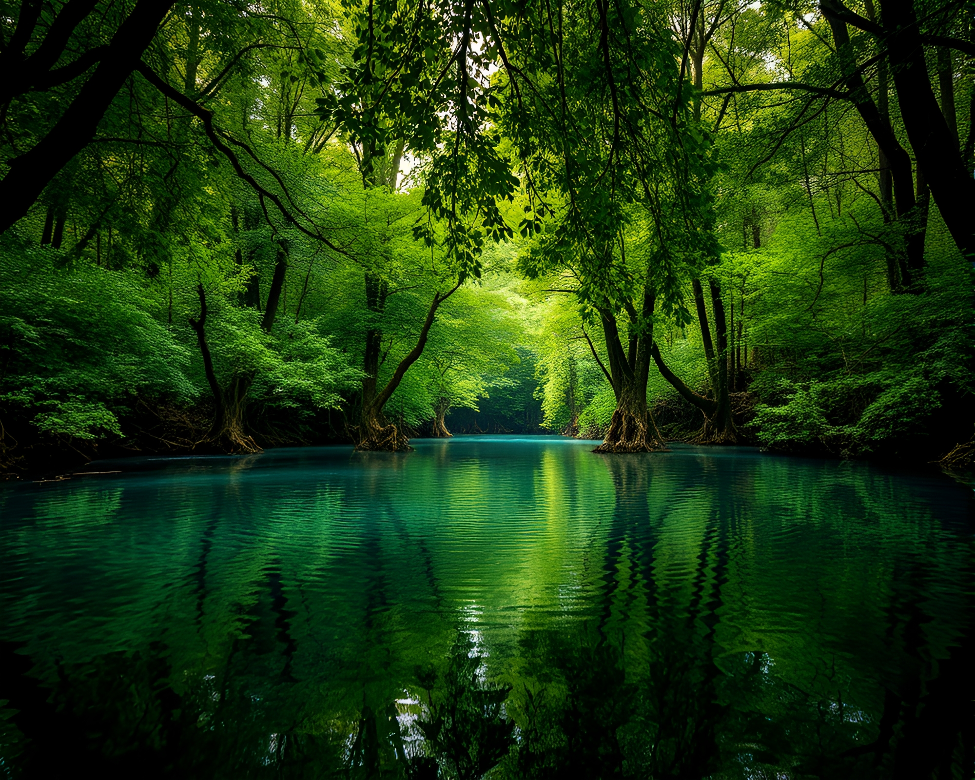 Rainforest Canopy Water Reflection Mosaic Spotlight – free AI stock image