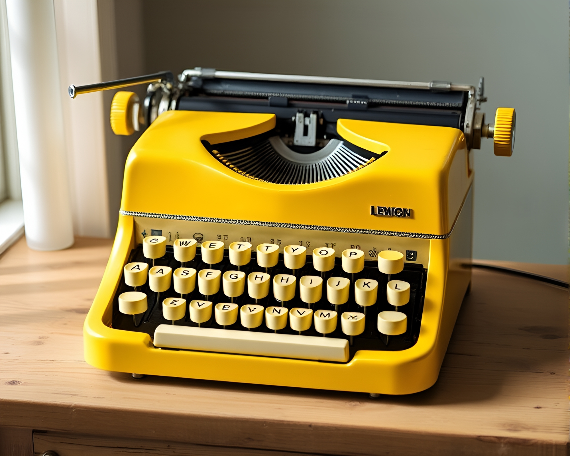 Vintage Lemon Yellow Typewriter with Beadwork Accents – free AI stock image