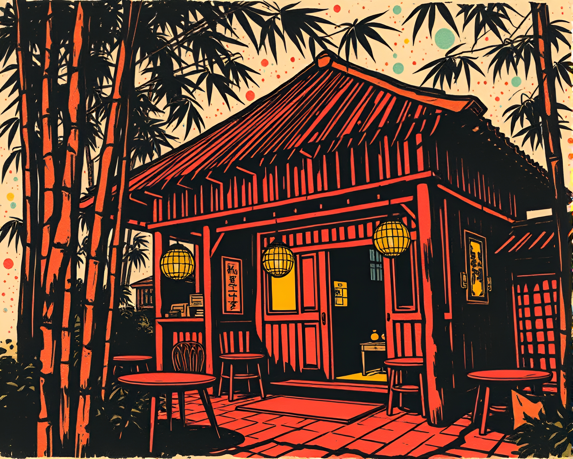 Bamboo Hut Illuminated by Strobe Lights – free AI stock image