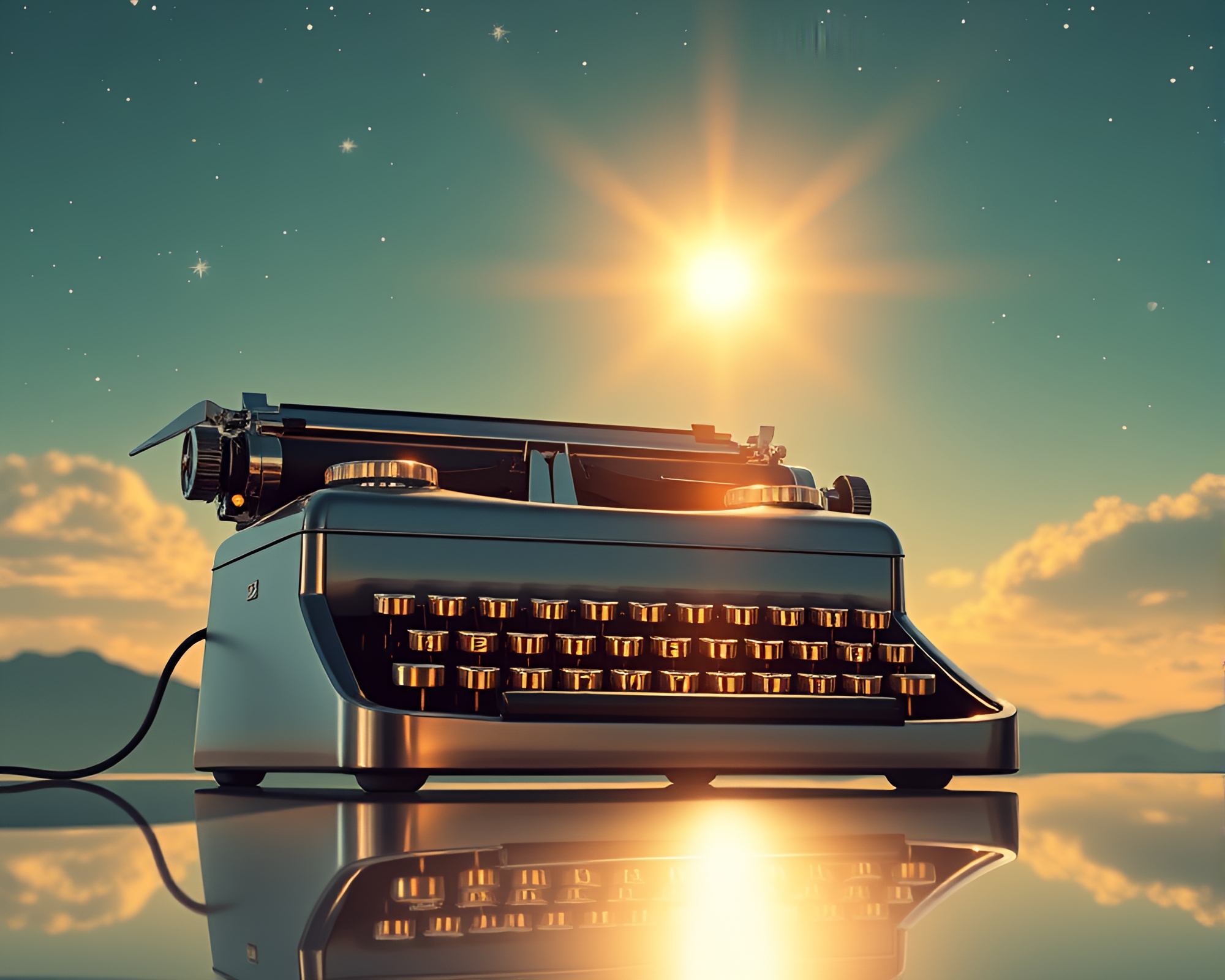 Antique typewriter under starlit chrome reflections – free AI stock image