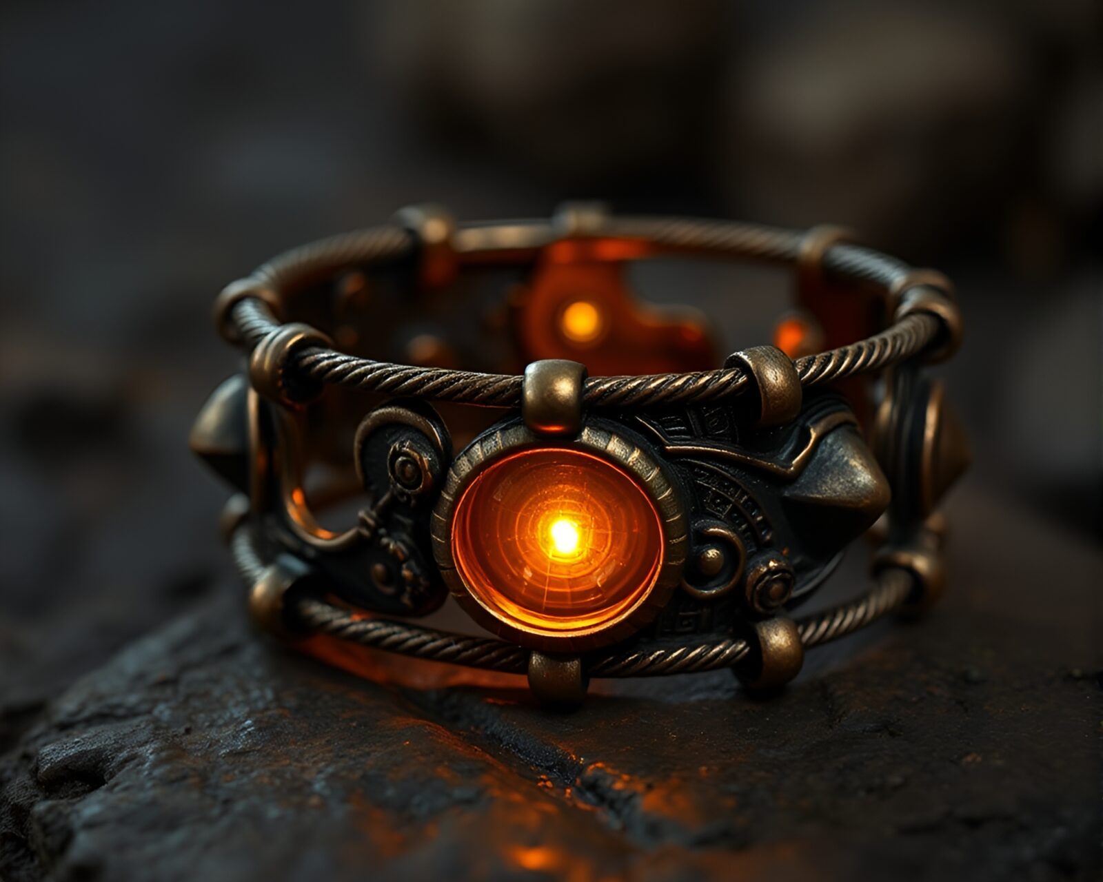 Dark dystopian scene with a bronze bracelet glowing