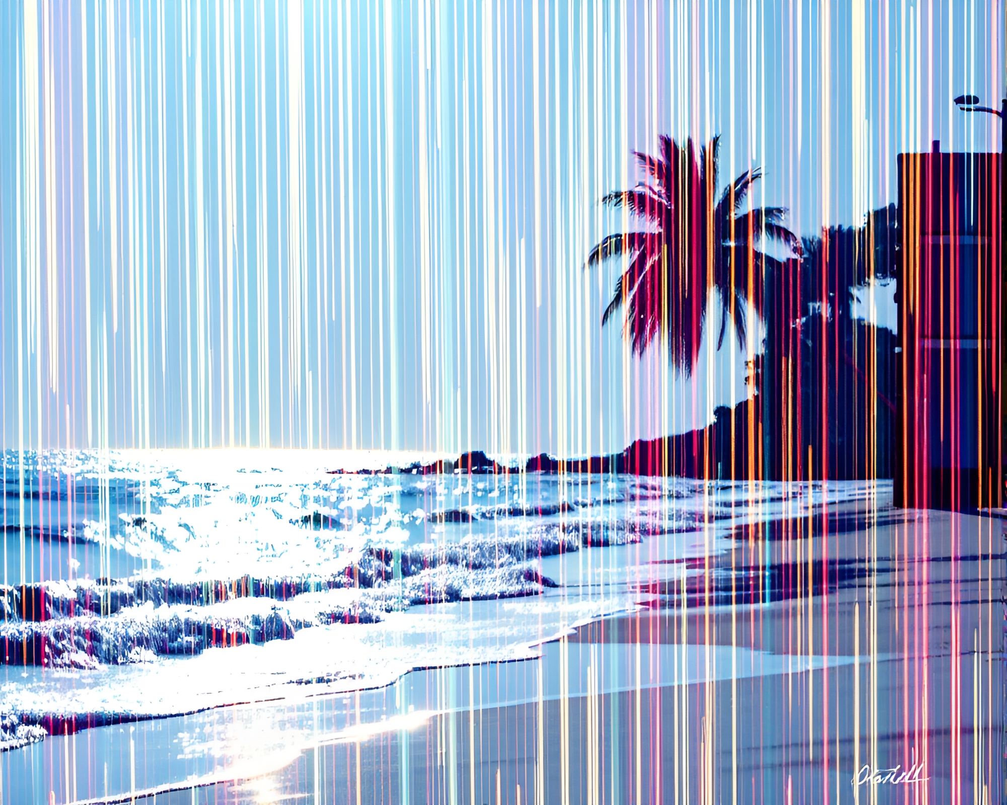 Foil-Stamped Beach Glitch Art with Light Streaks – free AI stock image
