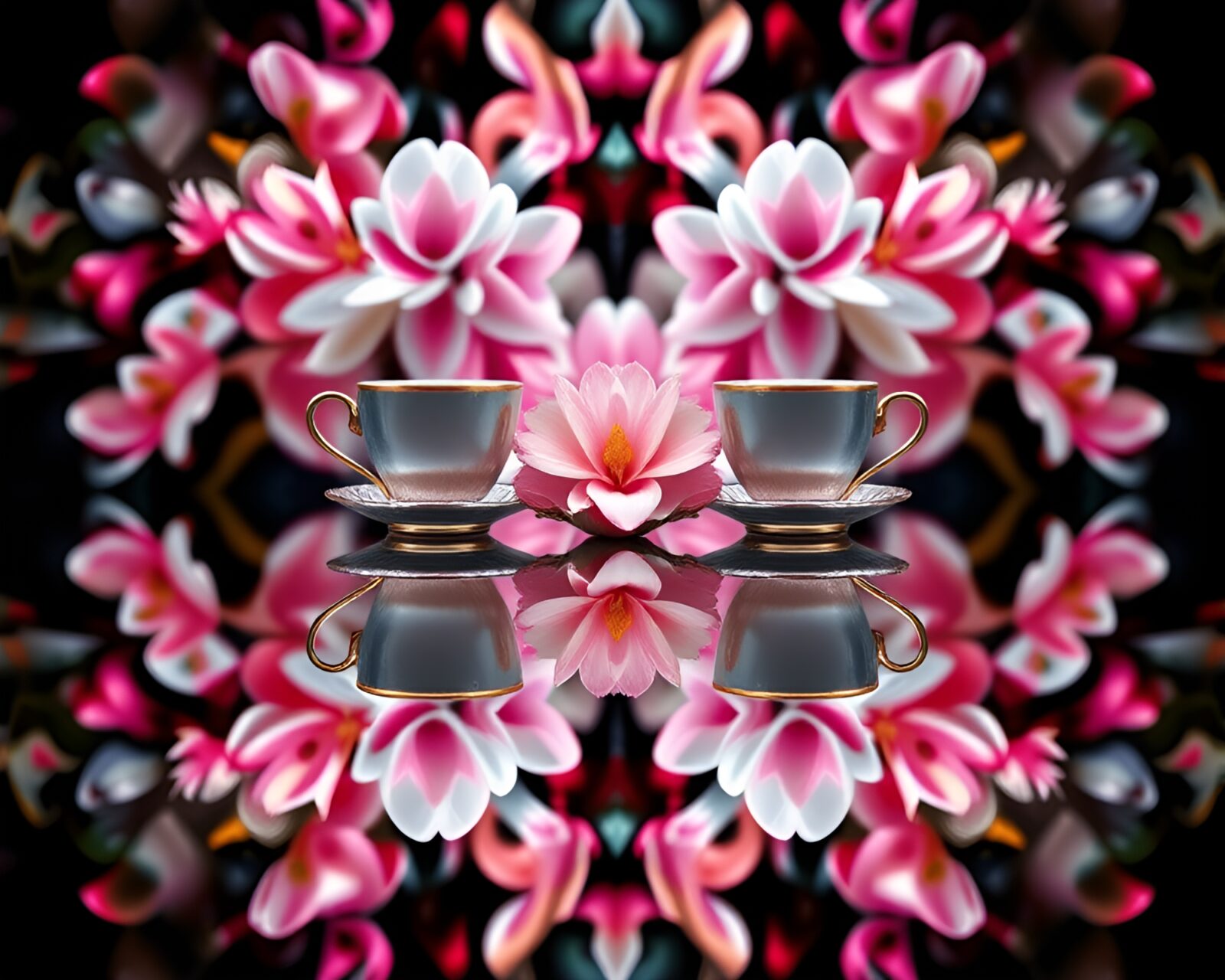A dynamic kinetic artwork featuring a mirrored tea set in a digitally blooming environment.