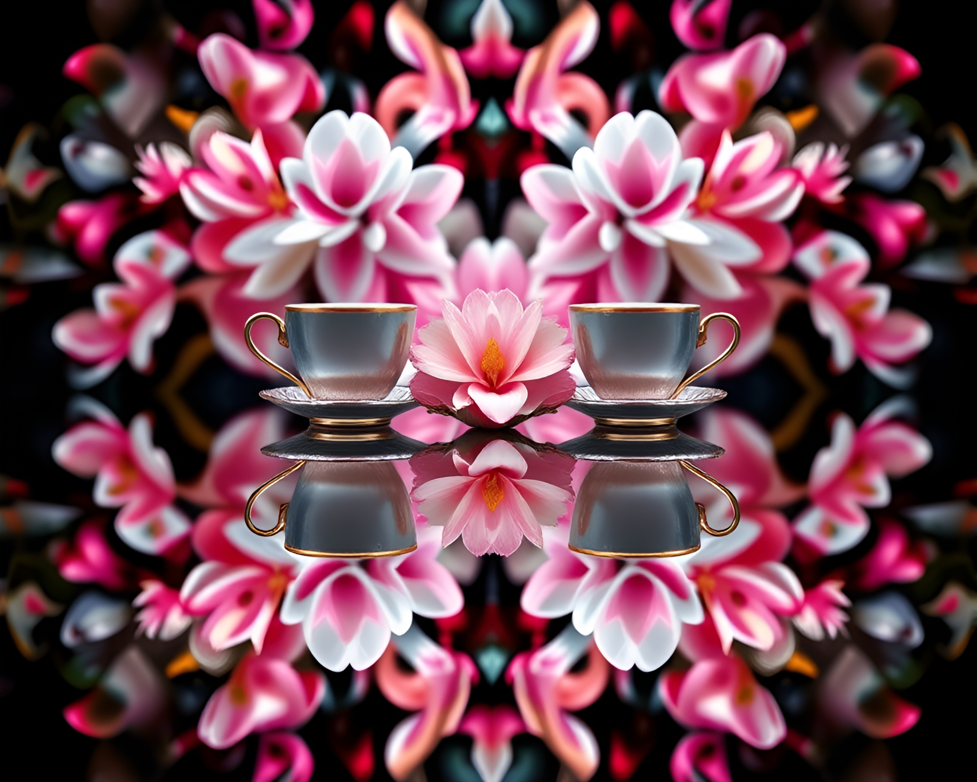 Symmetrical Tea Set Digital Bloom Art – free AI stock image