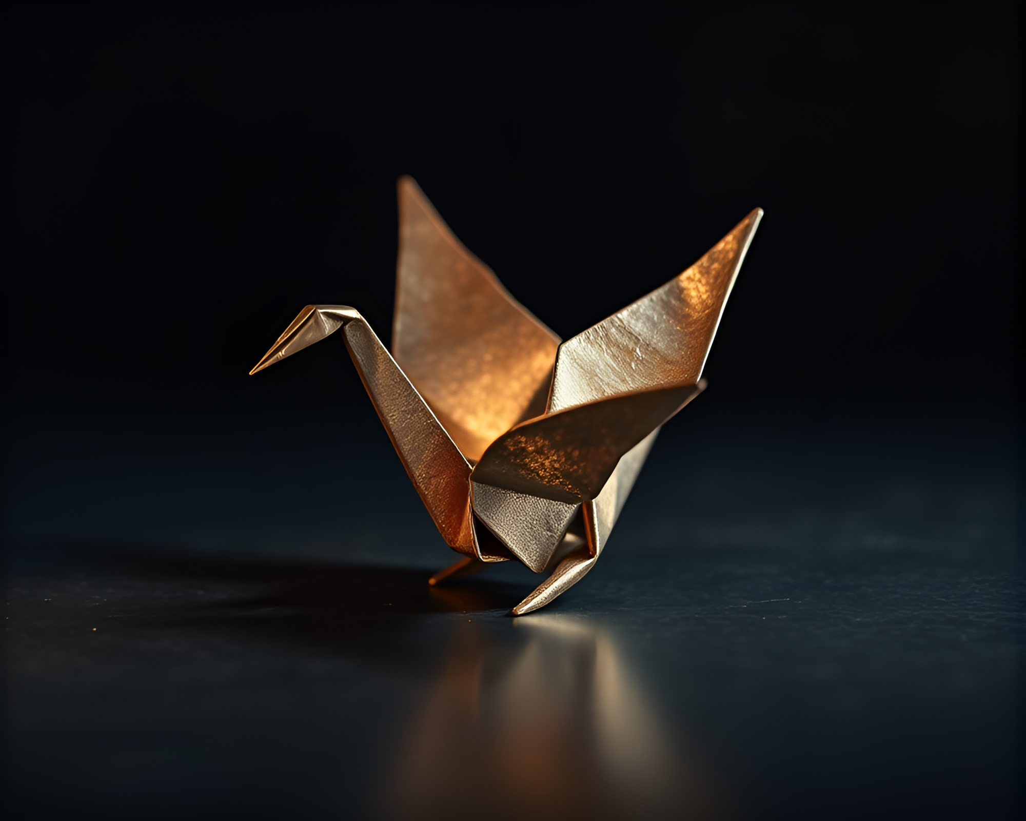 Bronze Patina Origami Crane in Low-Key Lighting – free AI stock image