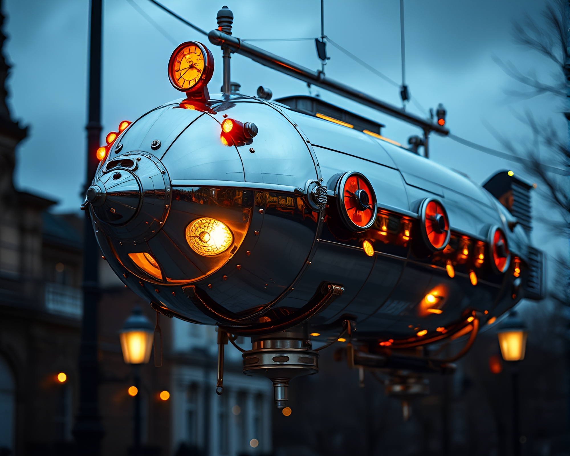 Steampunk Bio-Organic Airship Glows in Chrome Reflection – free AI stock image