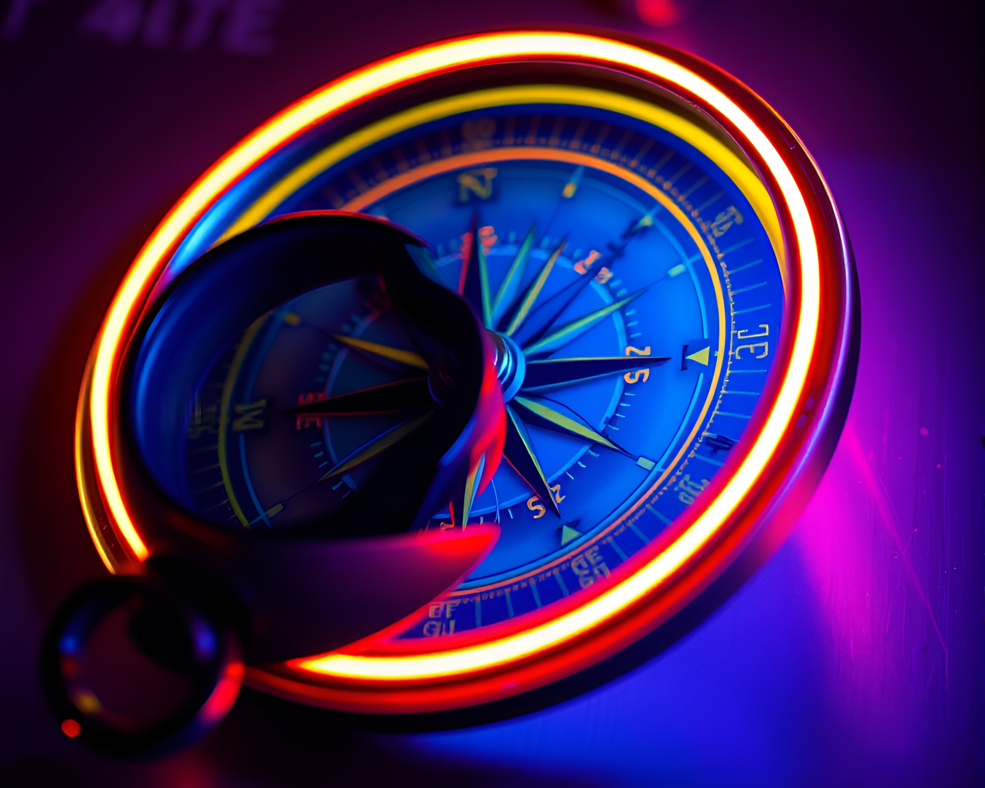 Enchanted Antique Compass in Vibrant Neon Lighting – free AI stock image