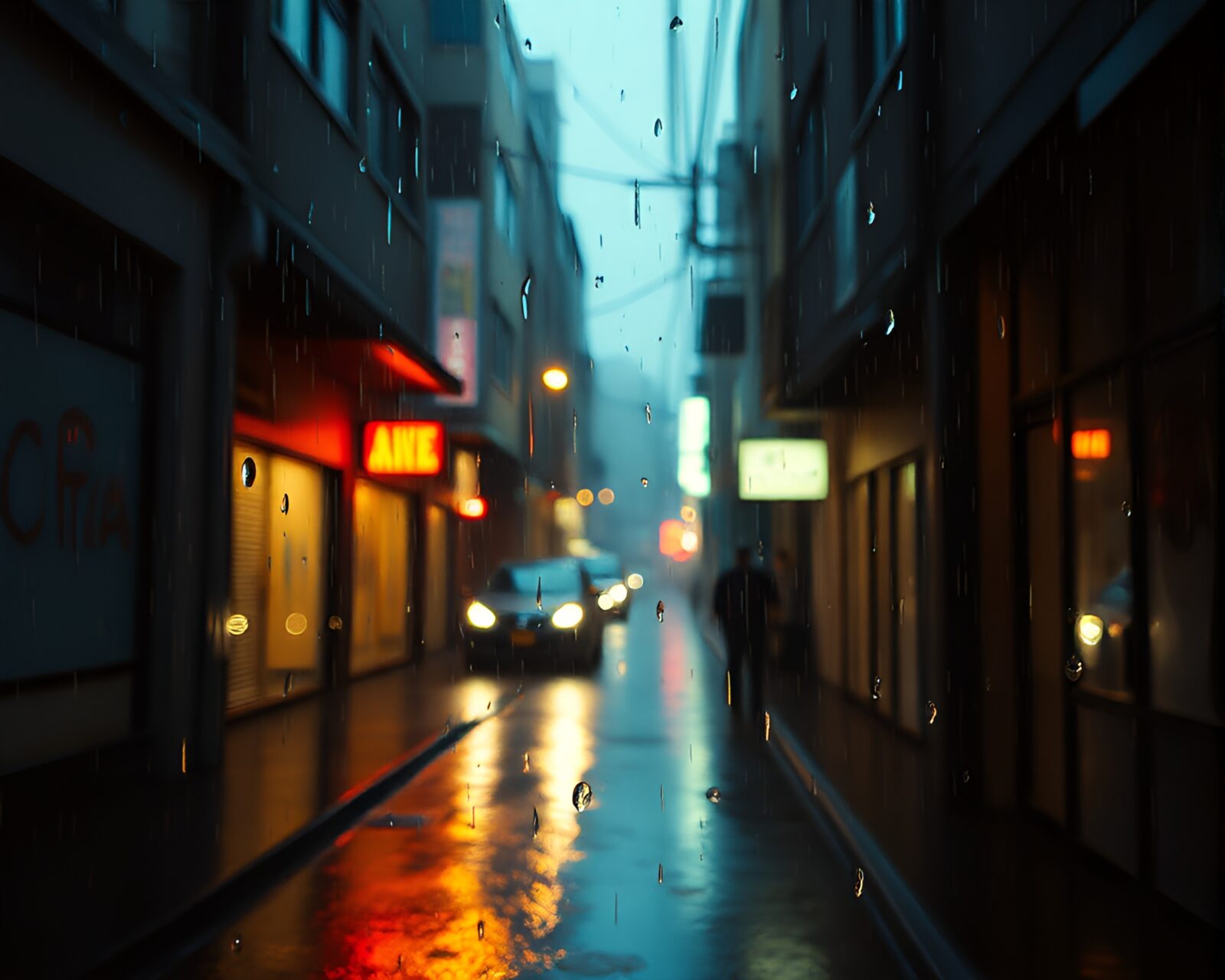 Neon lights reflect on rain-soaked alley with digital textures