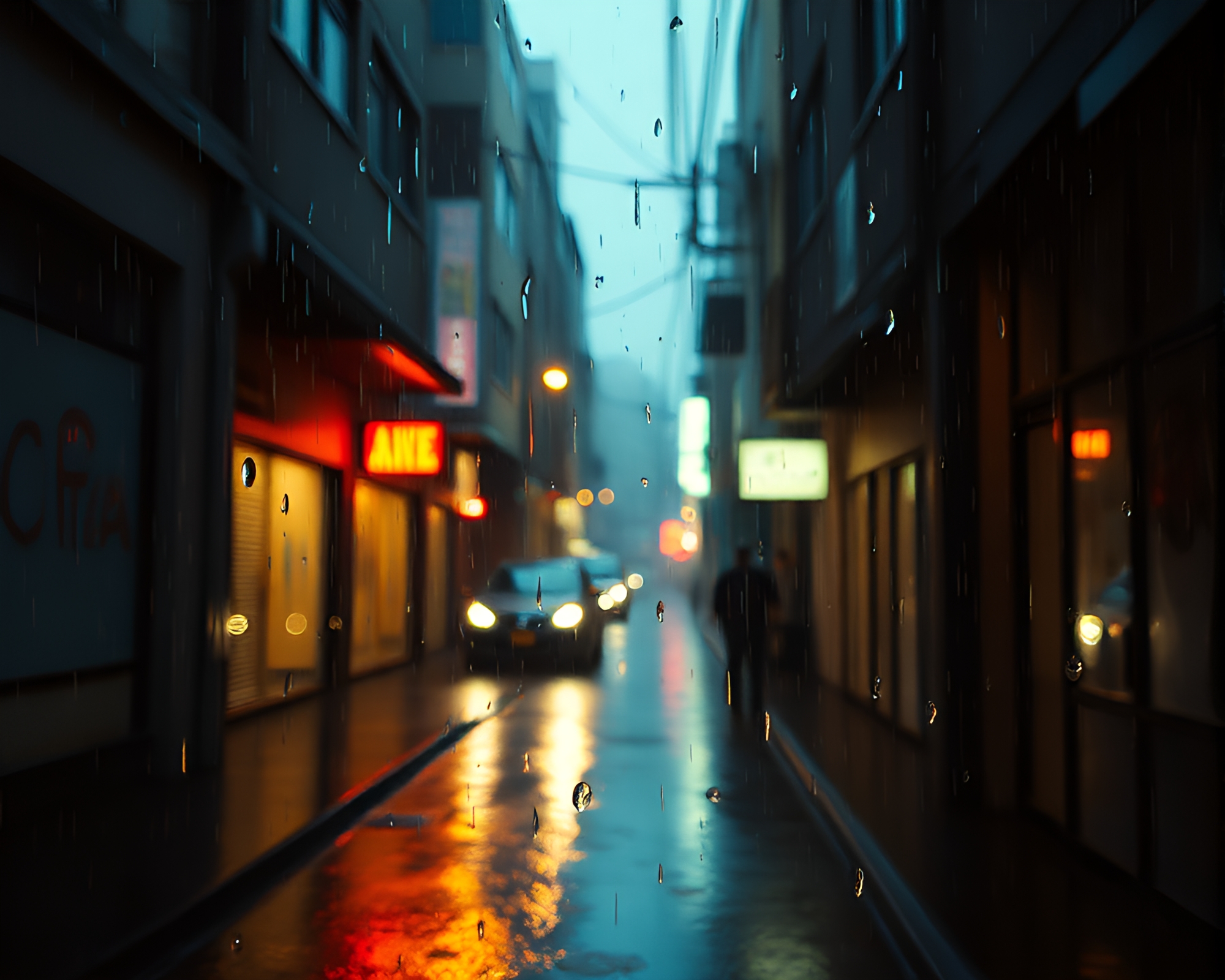 Cyberpunk Raindrops in Grainy Alley – free AI stock image