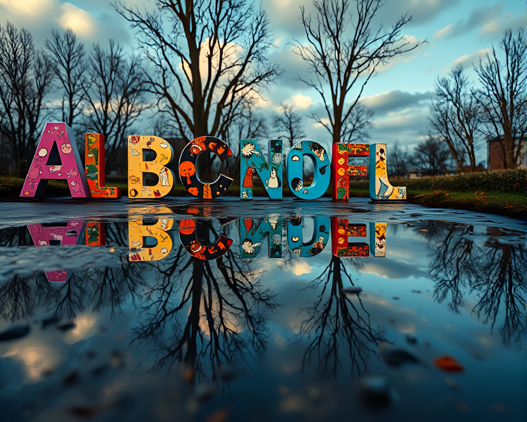 Surreal Runic Reflection in Dadaist Puddle Collage – free AI stock image