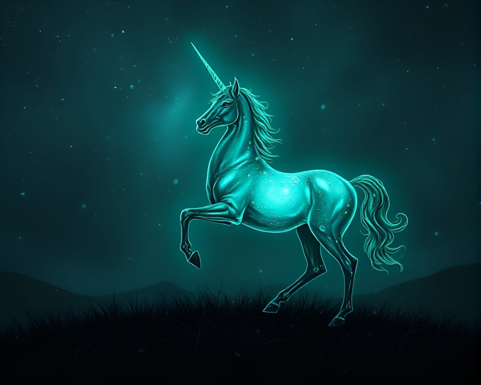 Ethereal centaur bathed in bioluminescent glow among dewy forest