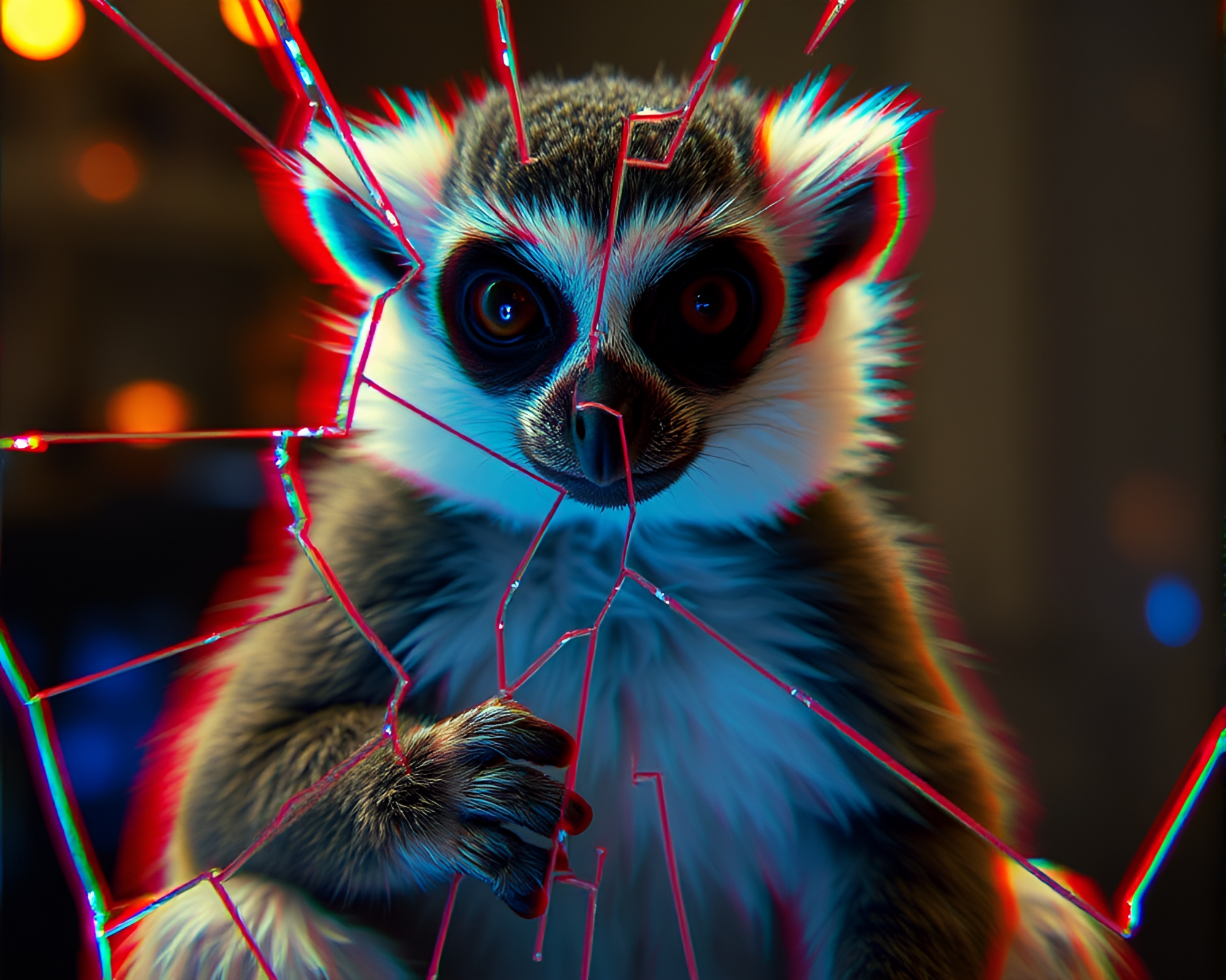Lemur’s Reflection in Broken Glass with Light Leaks – free AI stock image