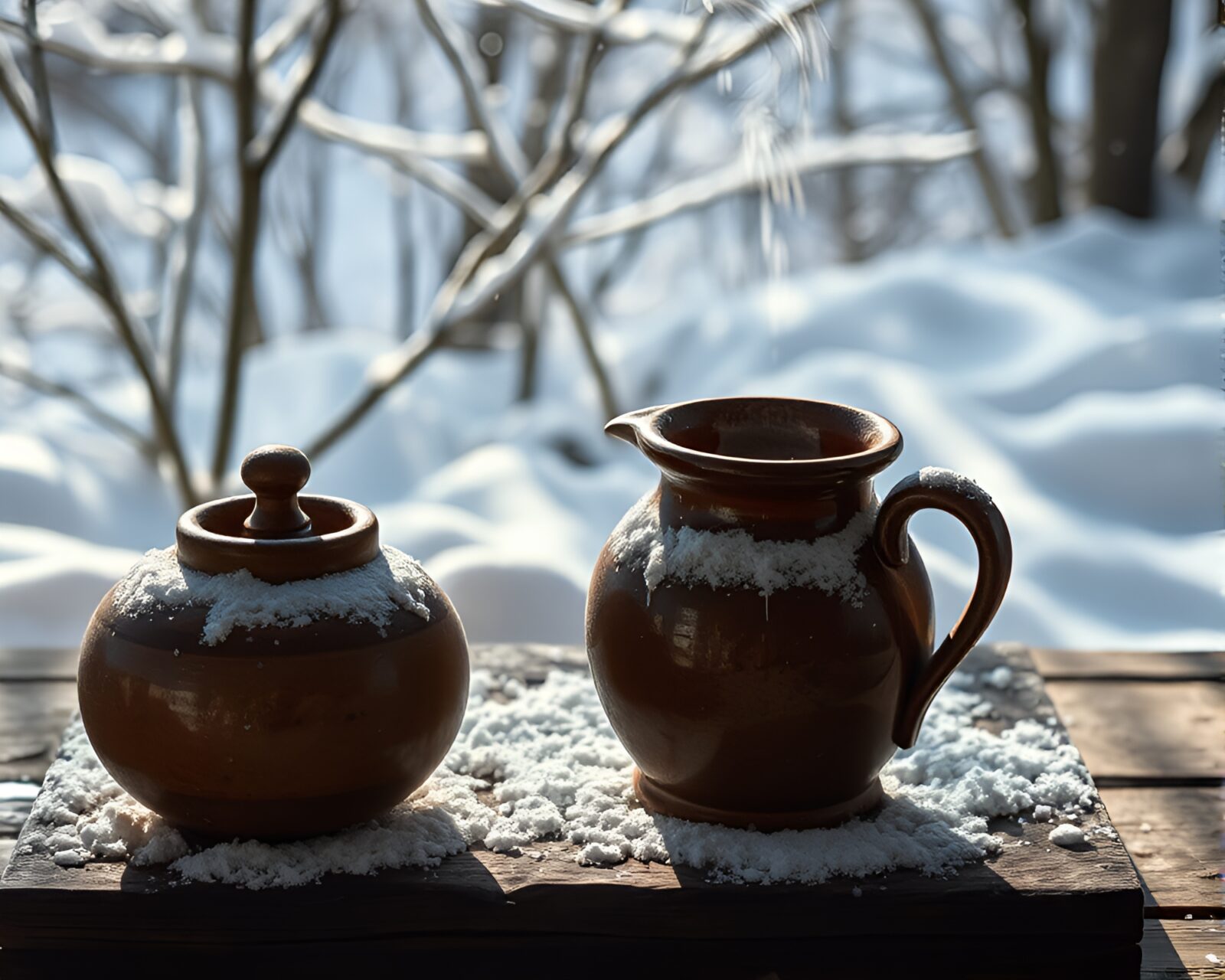 Aerial view of crosshatch shaded rustic pottery in snow