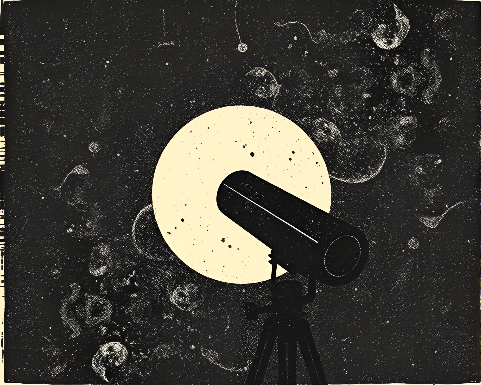 Vintage telescope watches eclipse under linocut textures – free AI stock image