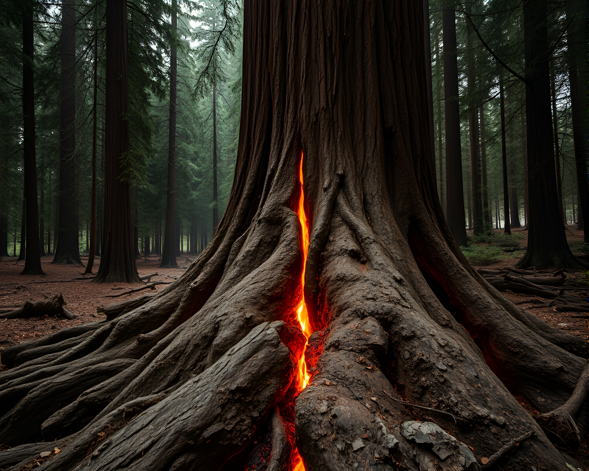 Fiery Redwood: Maximalist Split Toning Embers – free AI stock image