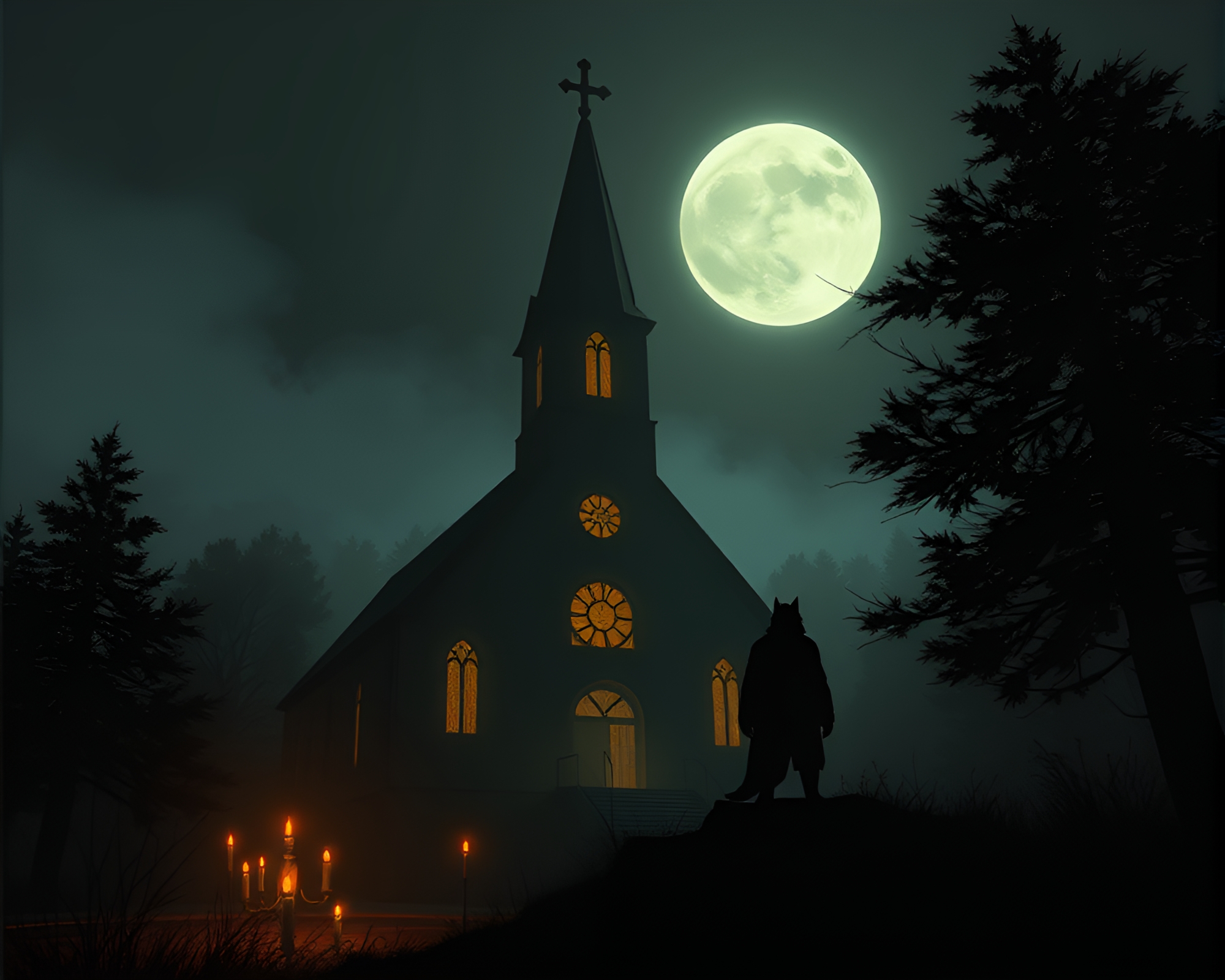 Mysterious Werewolf Silhouetted in Church Candlelight – free AI stock image