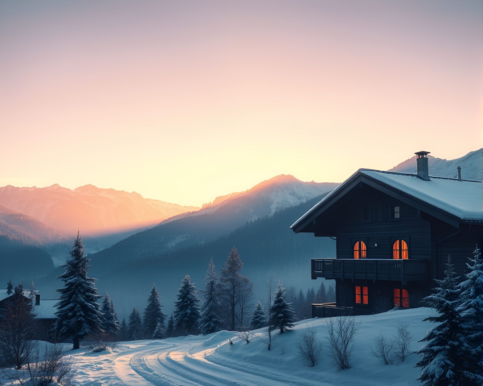 Serene alpine chalet at sunrise with artistic shading strokes