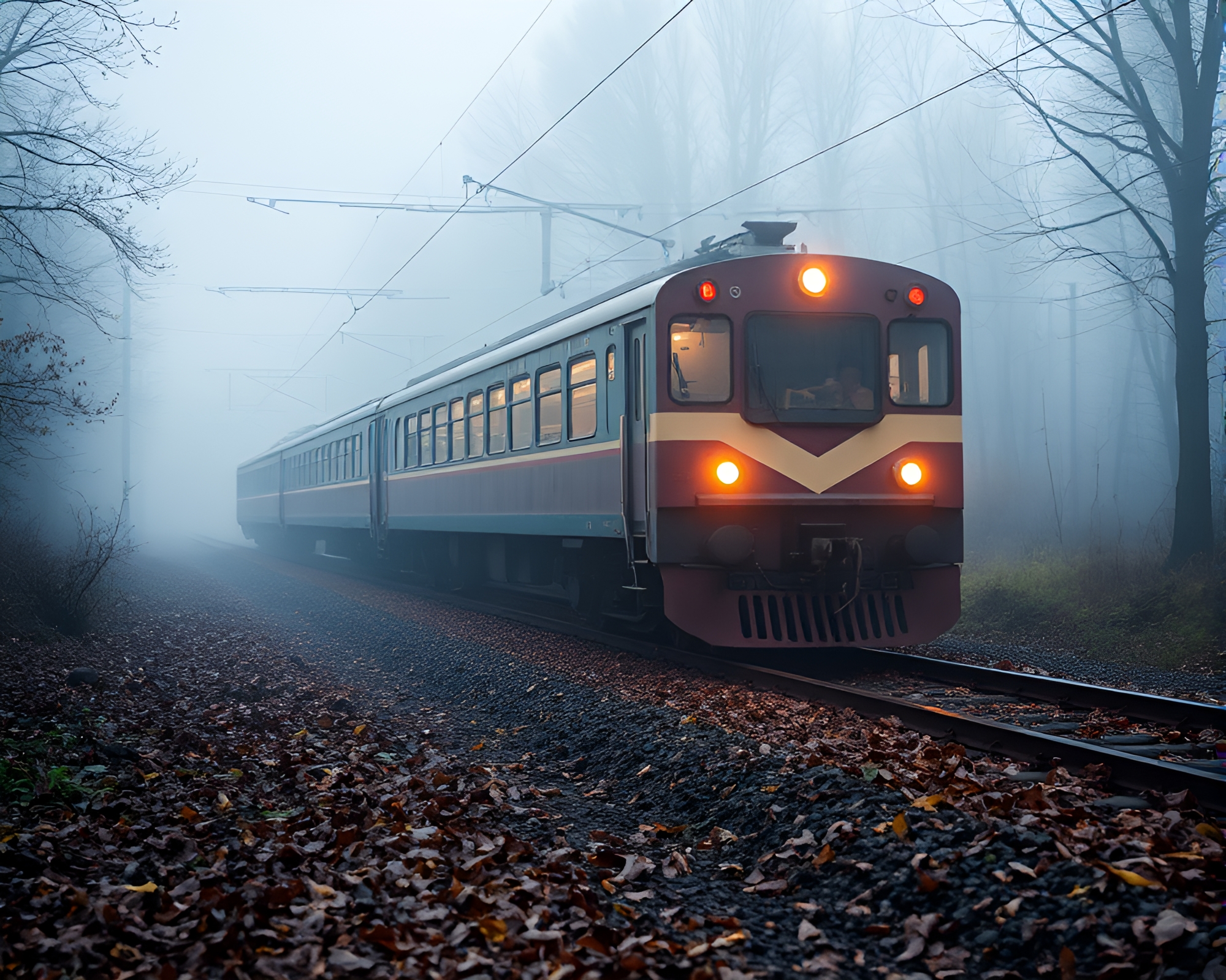 Misty Train Journey Through Leaf-Littered Forest – free AI stock image