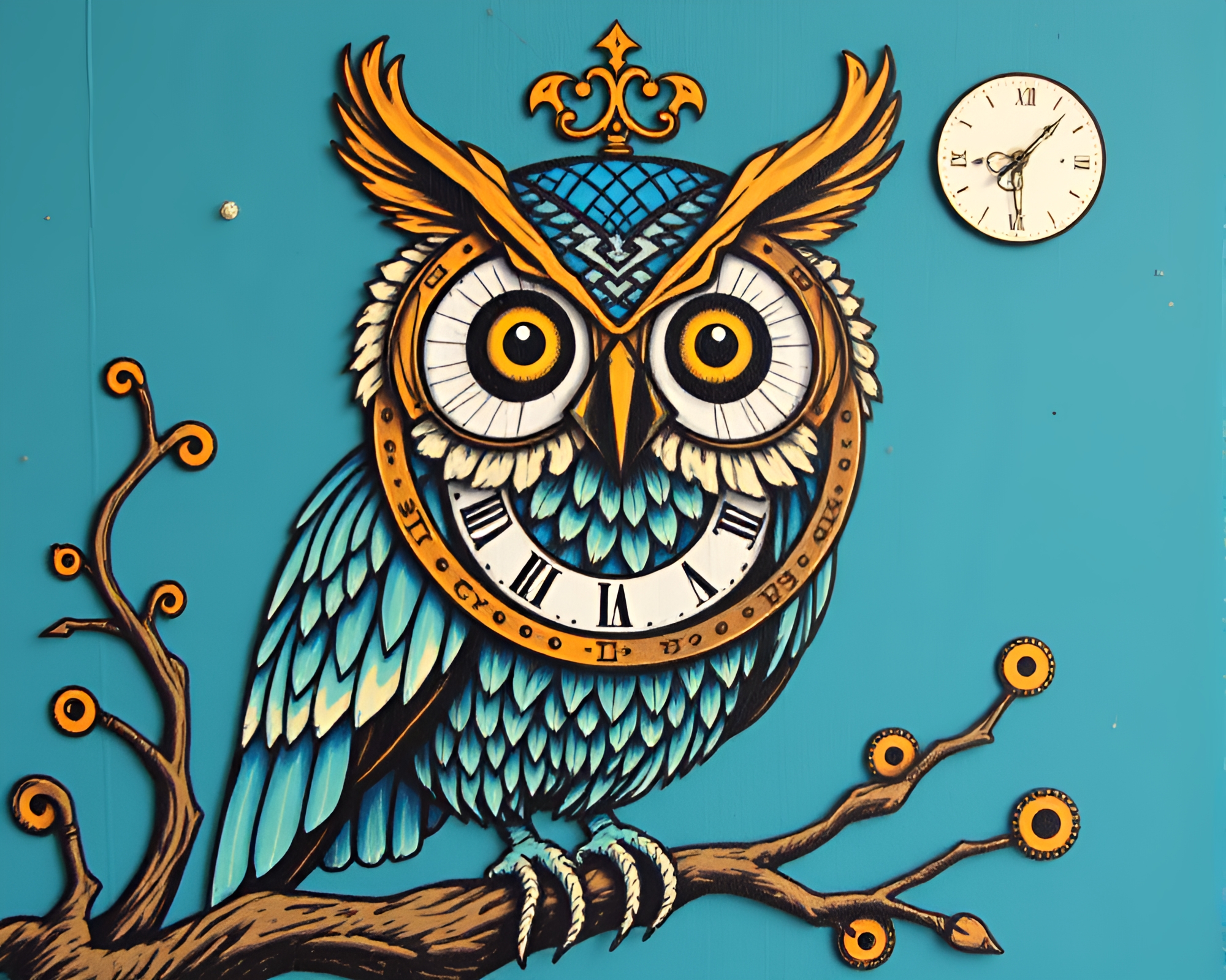 Clockwork Owl Murals Embrace Utopian Ocean Blues – free AI stock image