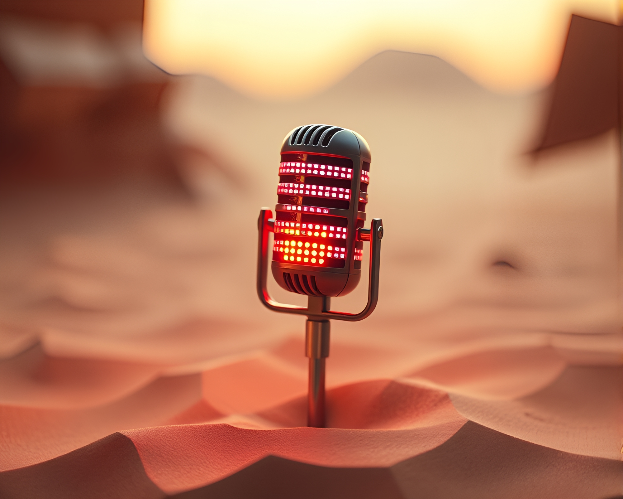 LED Pixel Microphone in Origami Style Desert Scene – free AI stock image