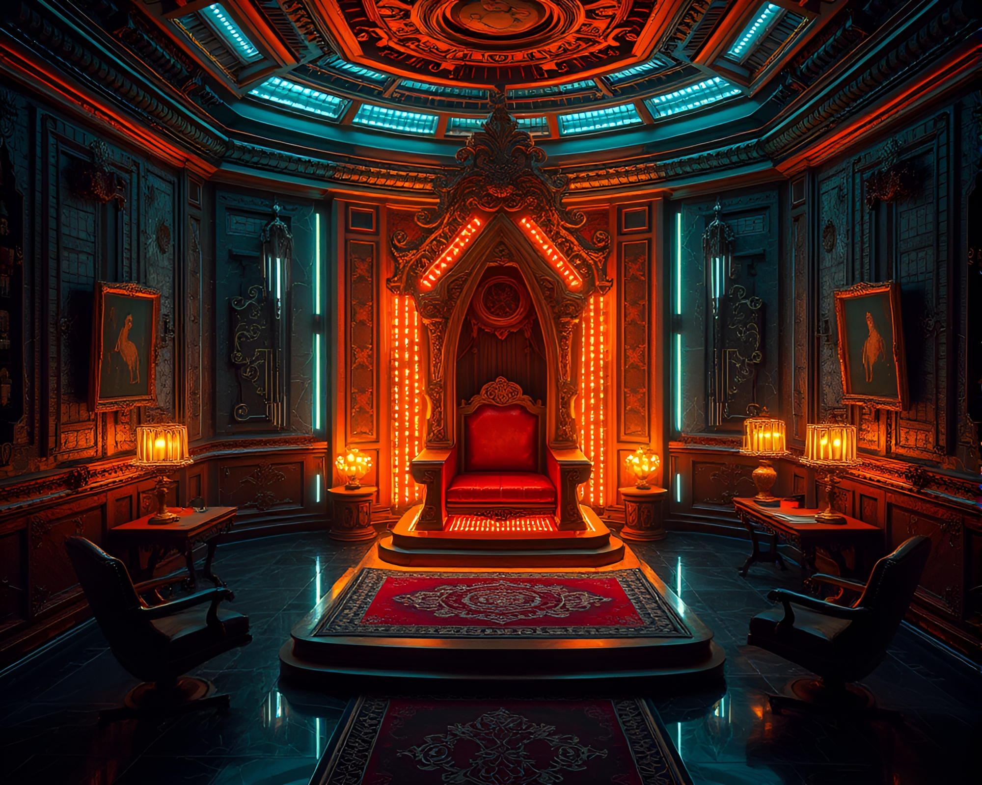 Cybernetic Throne Room Letter Illumination Bird’s Eye View – free AI stock image