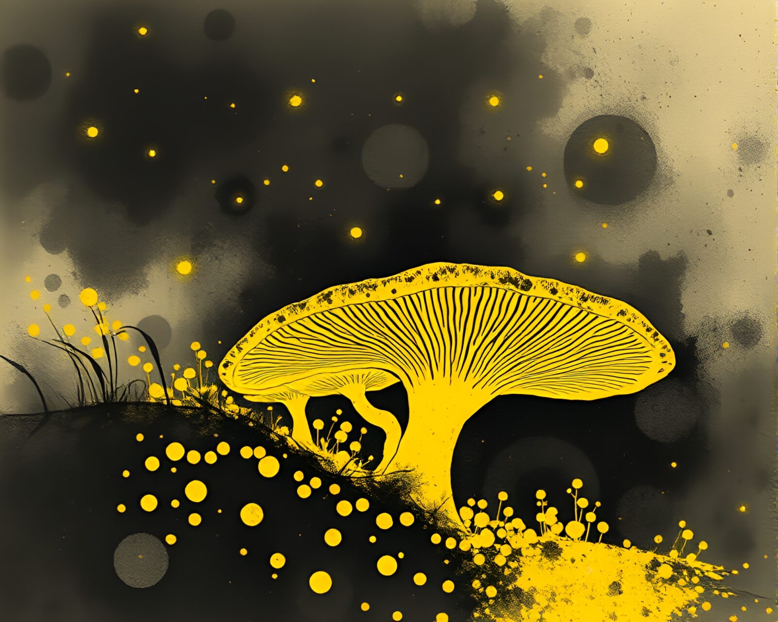 Abstract ink wash art of glowing fungi in yellow hues