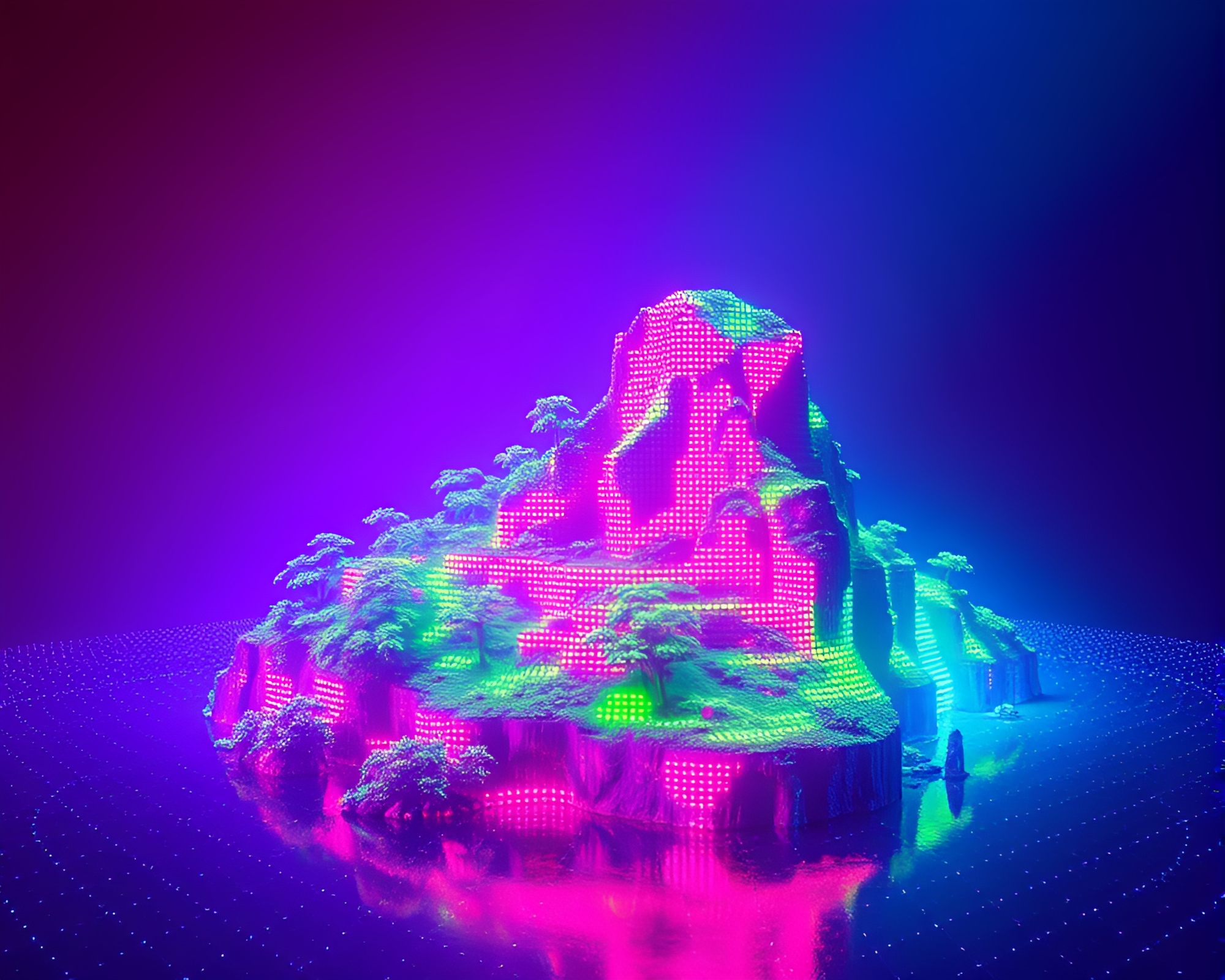 LED Pixel Grid Illuminates Ultraviolet Island in 3D – free AI stock image