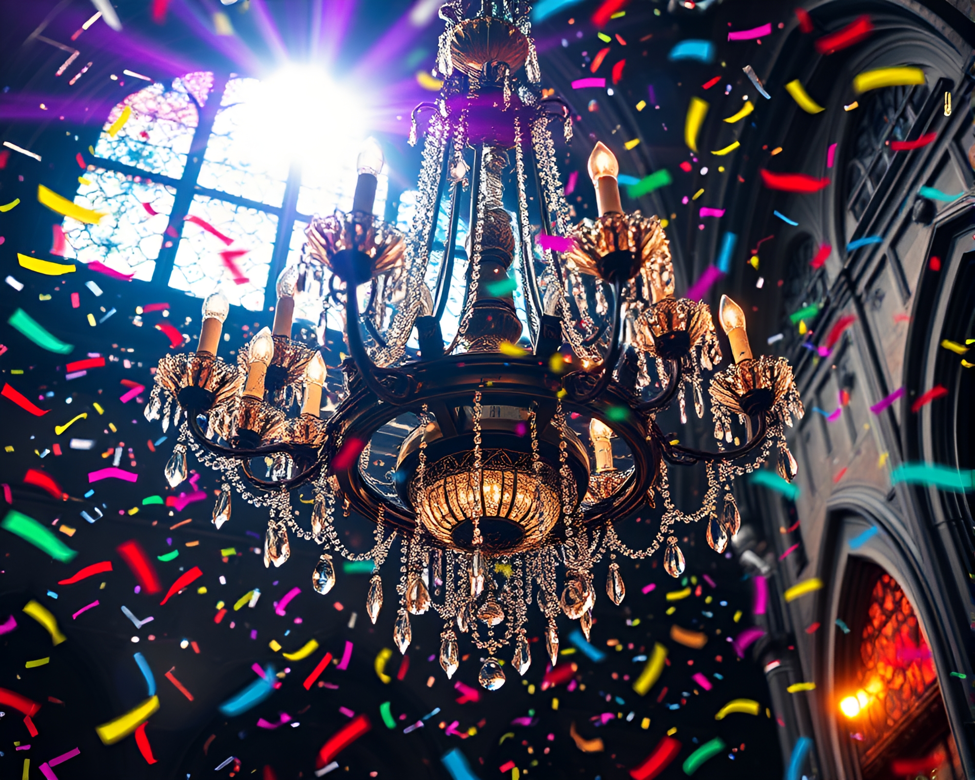 Gothic Chandelier Zoom Burst with Colorful Confetti – free AI stock image
