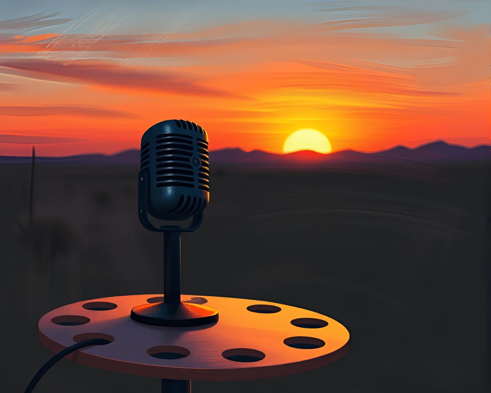 Digital painting of microphone against desert sunset background framed by chalkboard smudges