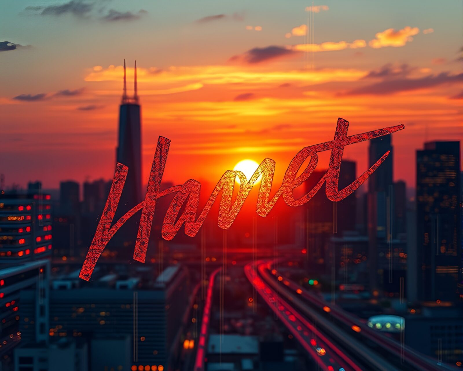 Dynamic angle view of handwritten letter against futuristic skyline at sunset