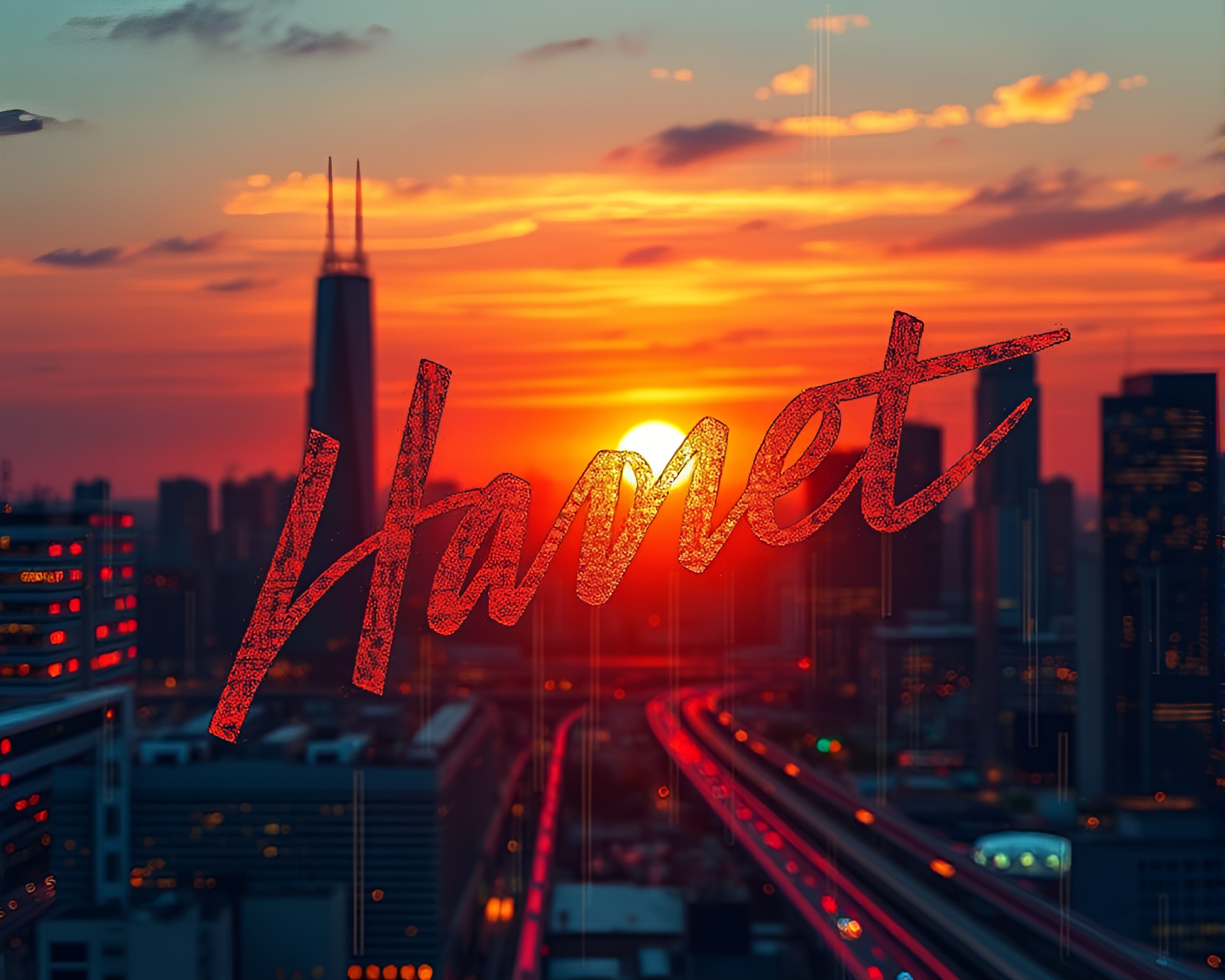 Handwritten Letter Cybernetic Sunset Over Cityscape – free AI stock image
