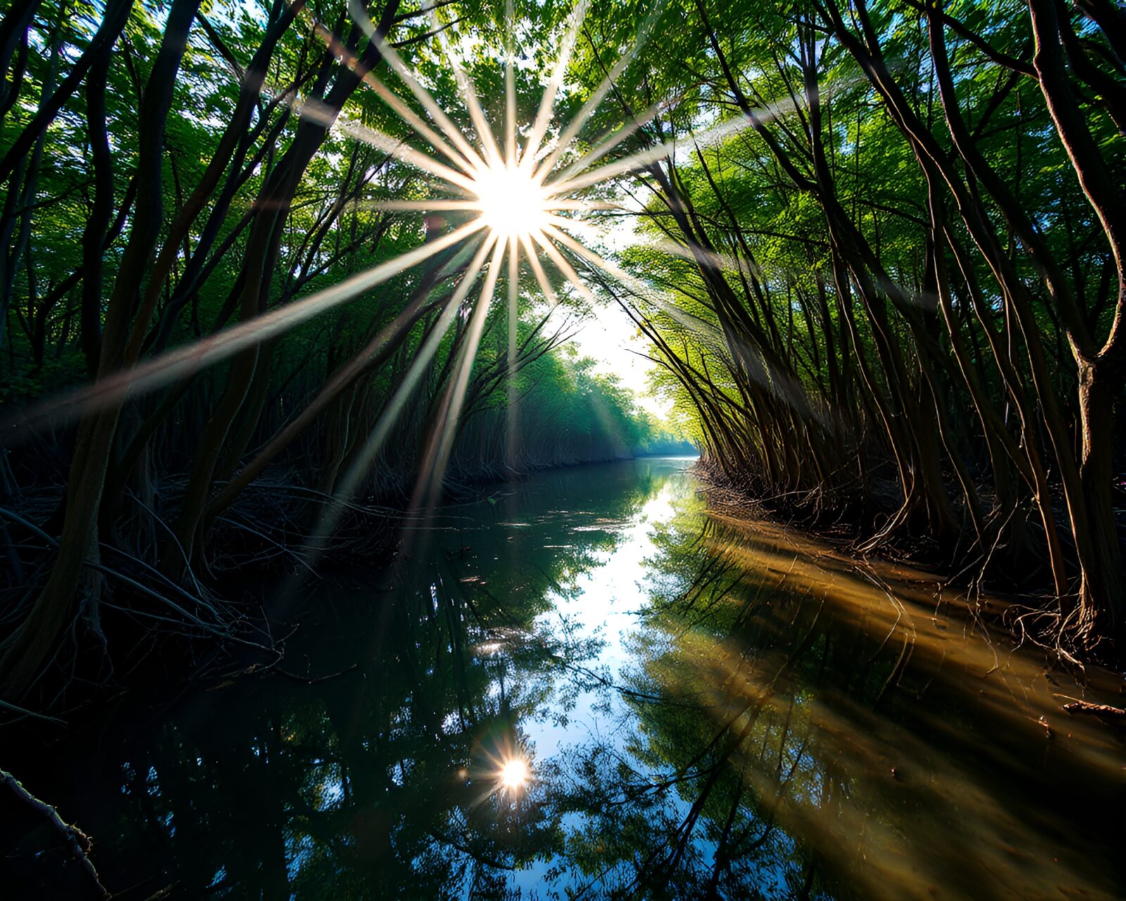 HDR photo of angled mangrove swamp with lens flares
