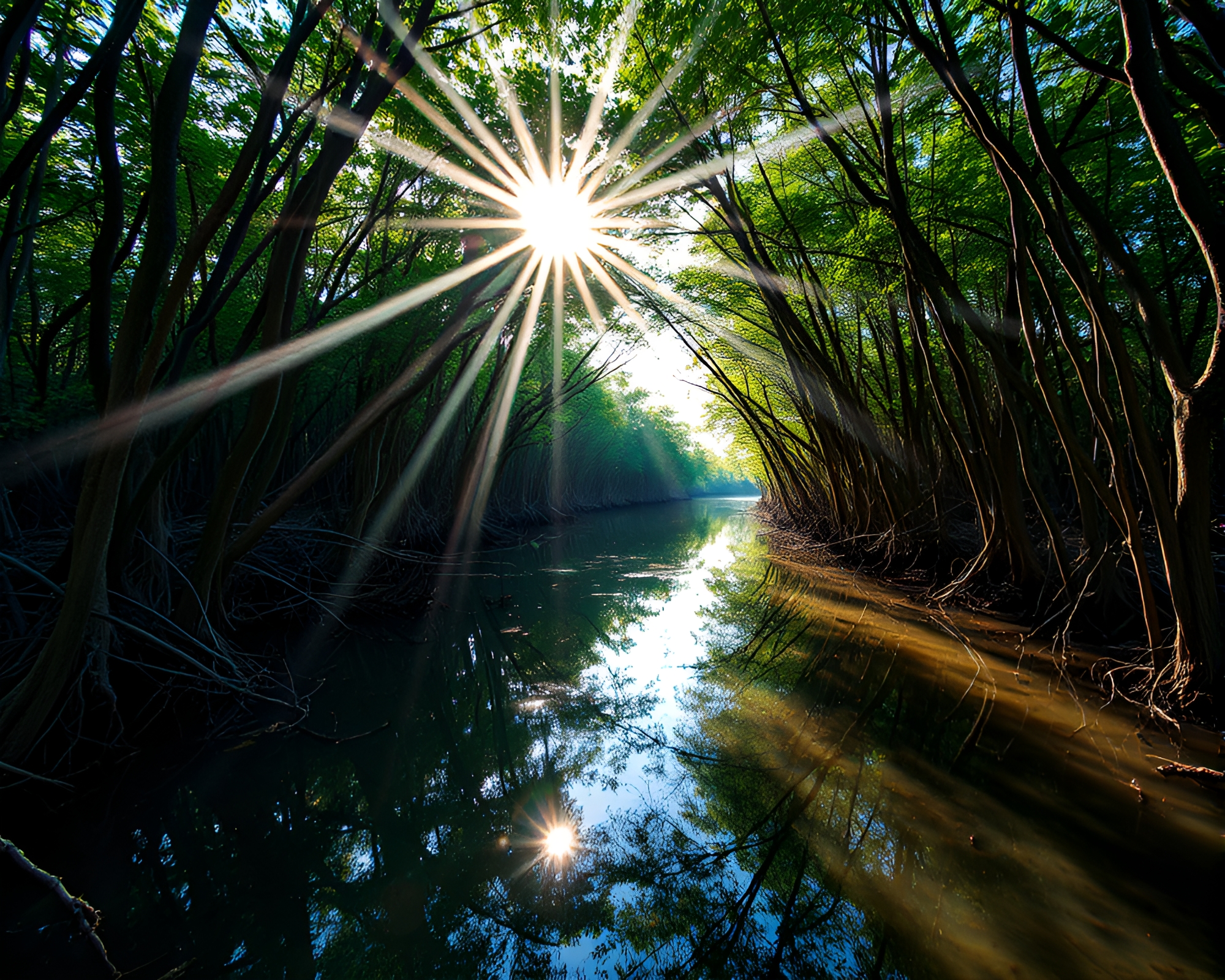 Ethereal Mangrove Swamp with Dramatic Flare Light – free AI stock image