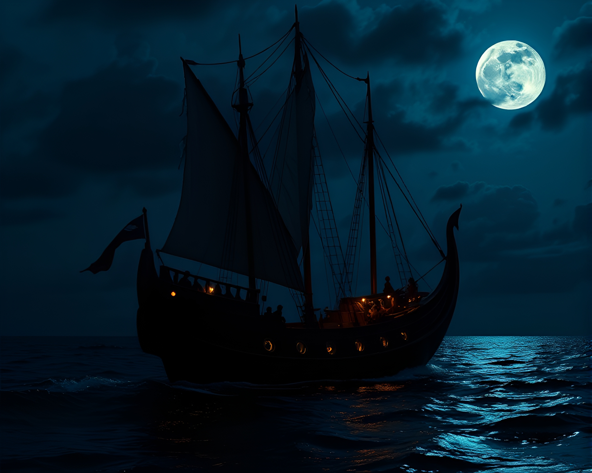 Moonlit Viking Longship with Torn Edges Composition – free AI stock image