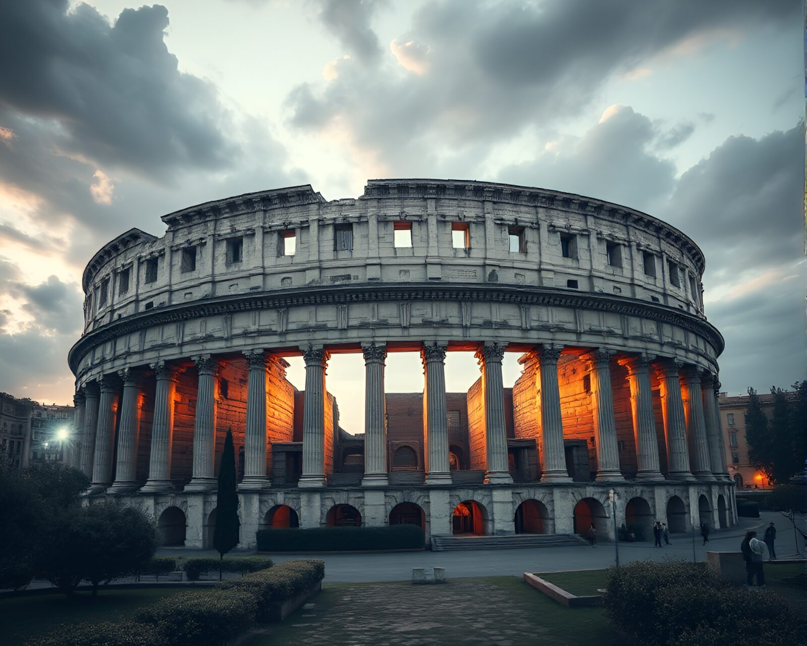 Gritty vintage scanlined coliseum with anatomical écorché figures