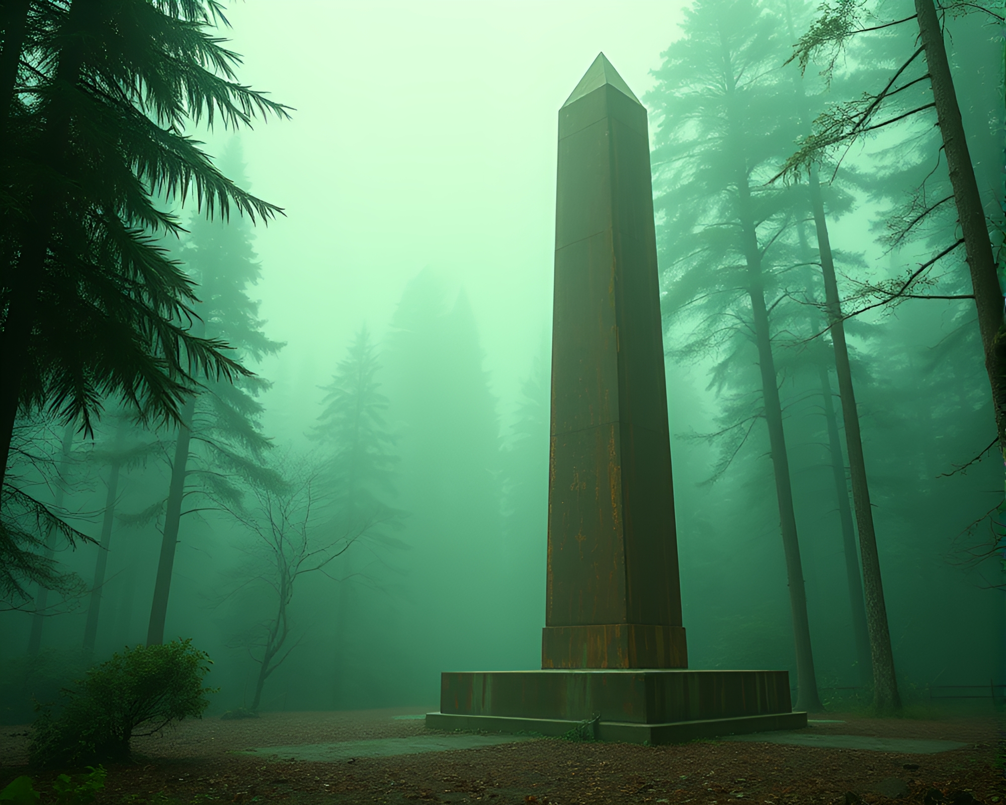 Rust Patina Obelisk in 80s Rainforest Haze – free AI stock image