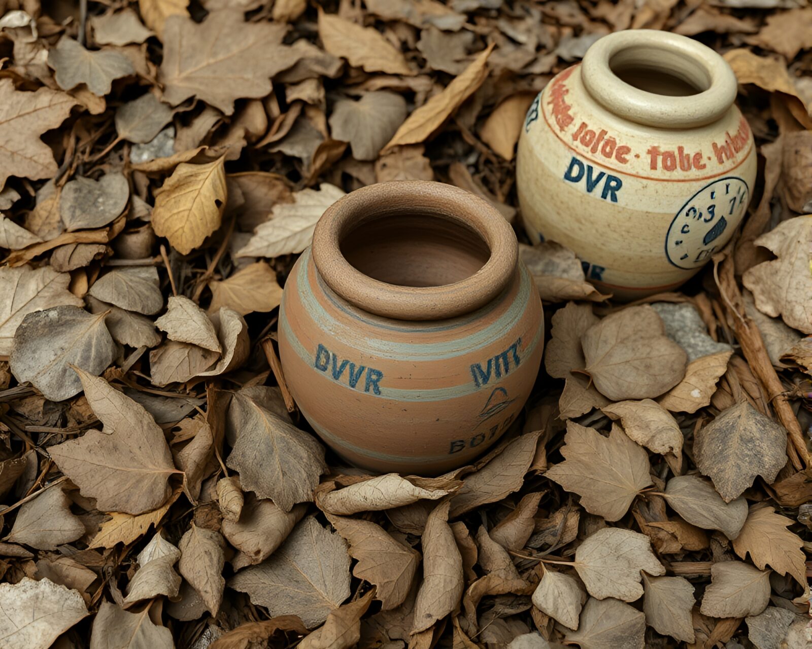 An intricately designed pottery vase surrounded by fallen leaves