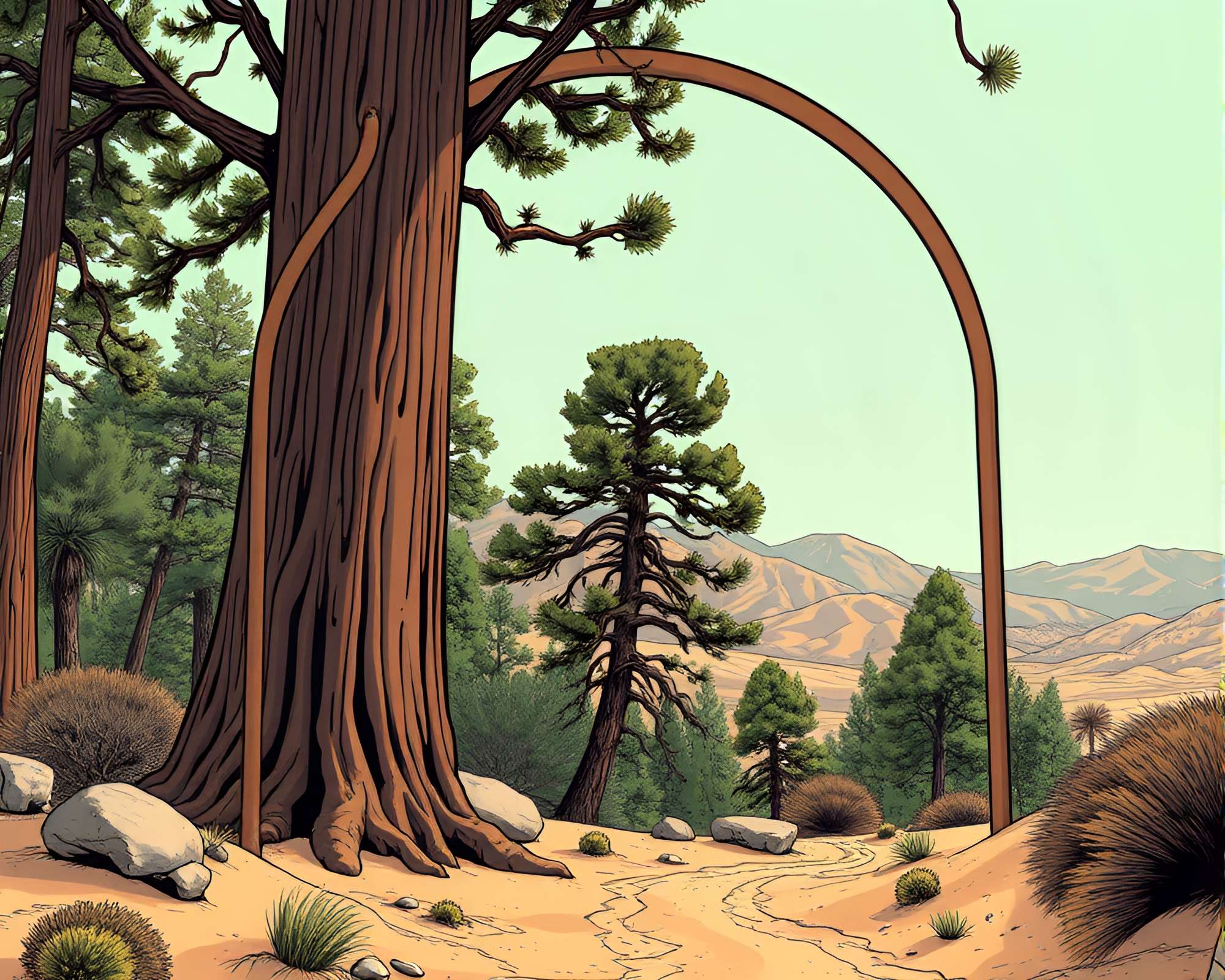 Redwood Tree Framed by Architectural Desert-Sand Hues – free AI stock image