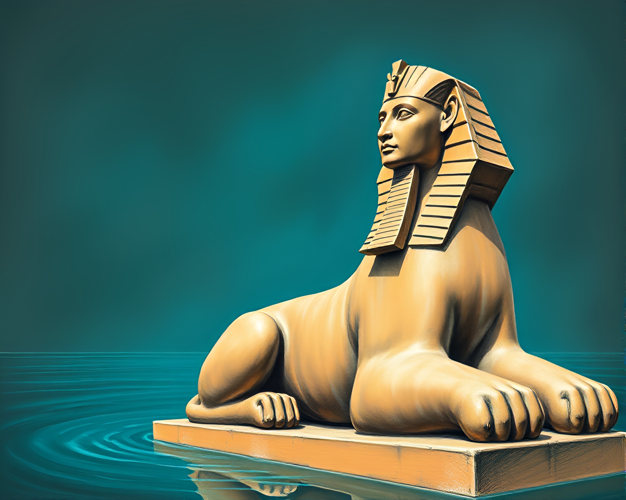Sphinx Statue in Turquoise Distorted Water – free AI stock image