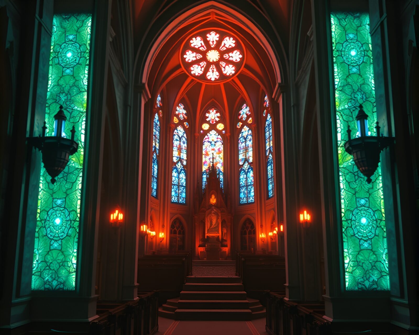 Futuristic VR hub amidst stained glass lighting and contouring