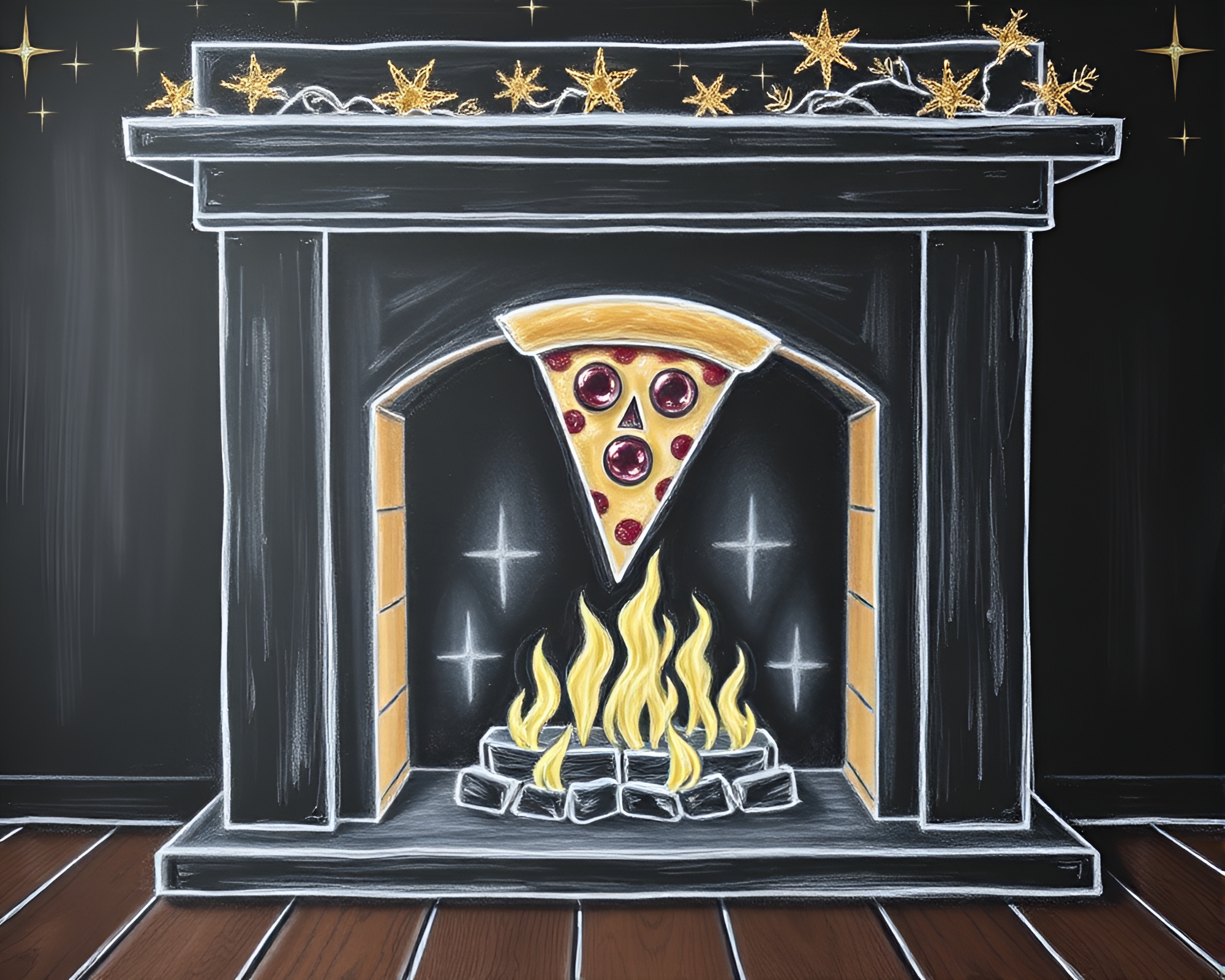 Chalk Drawing of Pizza Slice by Fireplace at Dusk – free AI stock image