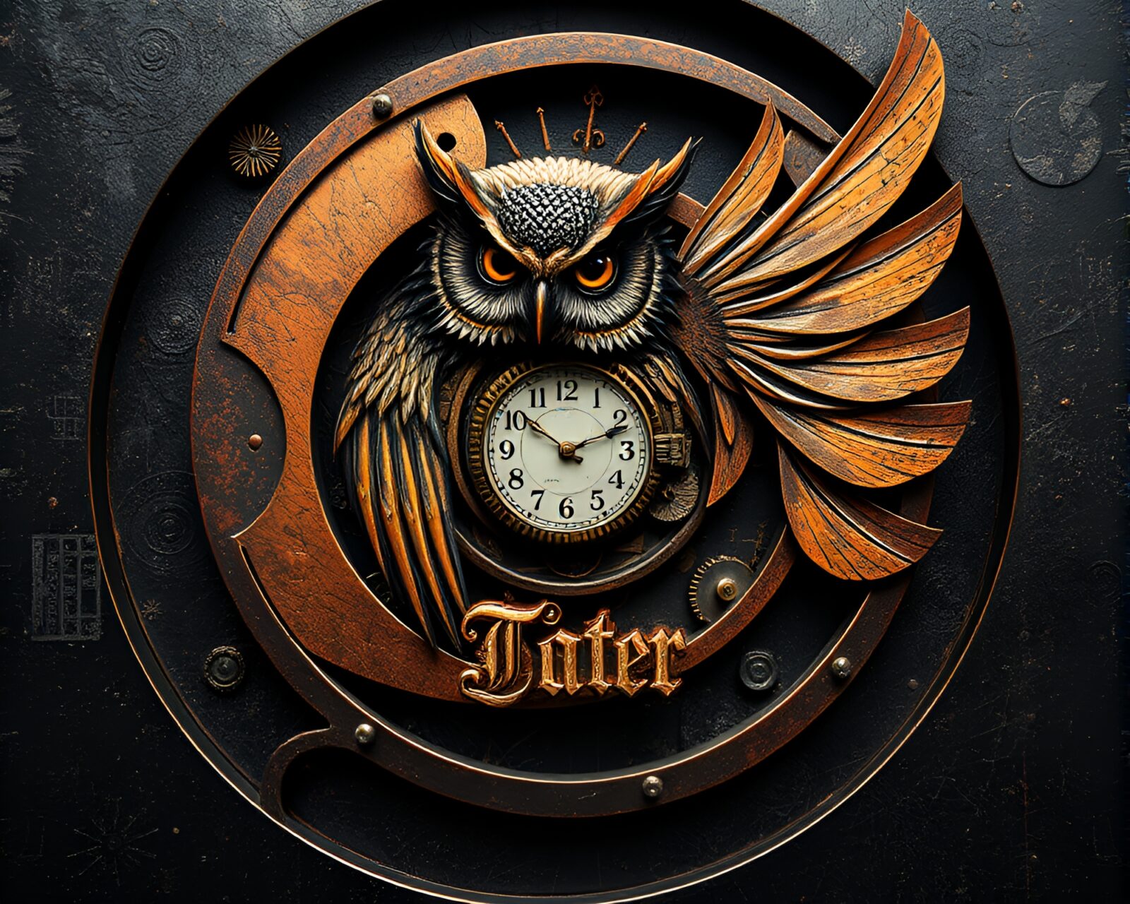 Intricate clockwork owl in a mesmerizing spiral monochrome setting