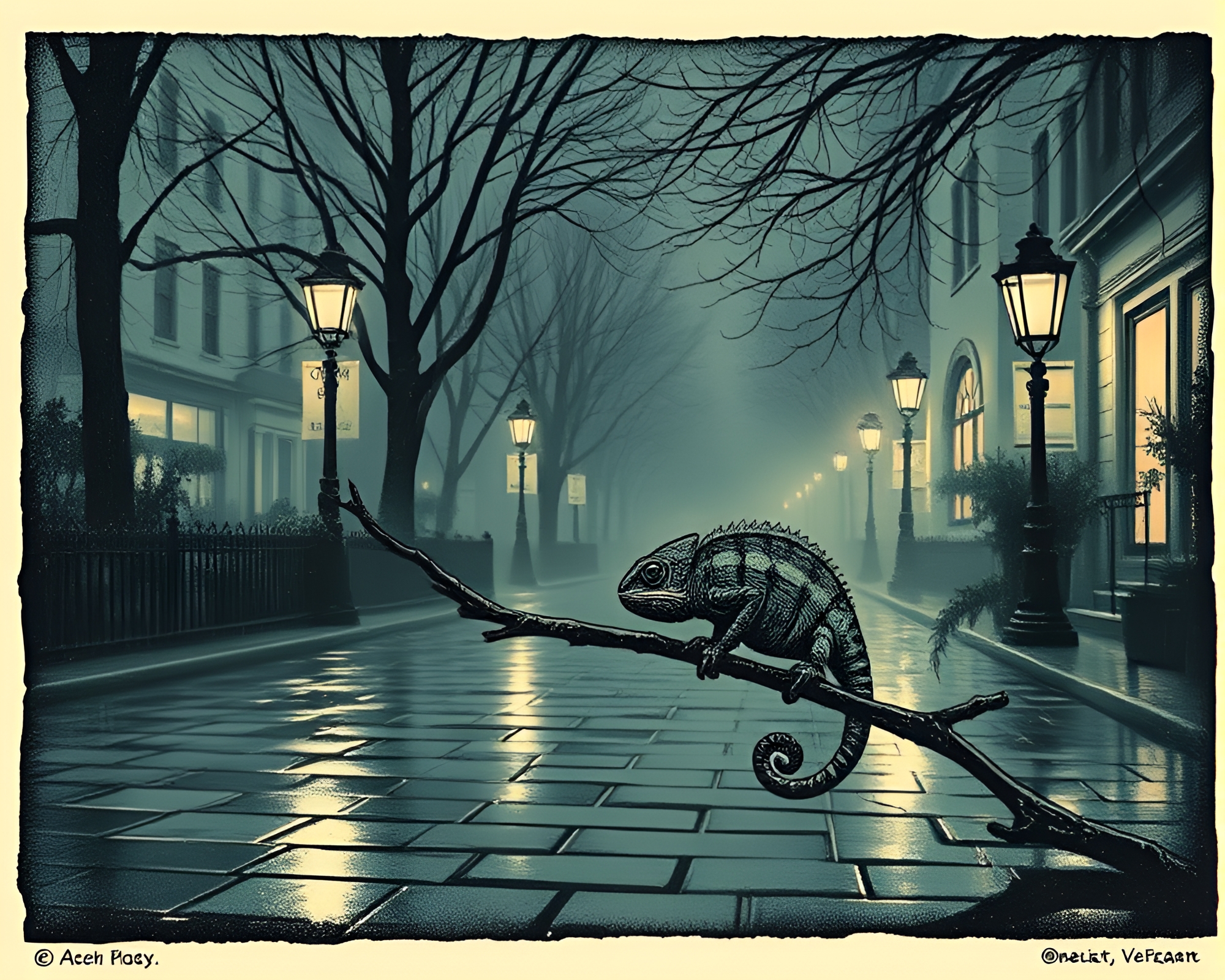 Chameleon in Dreamy Wet Pavement Woodcut Print – free AI stock image