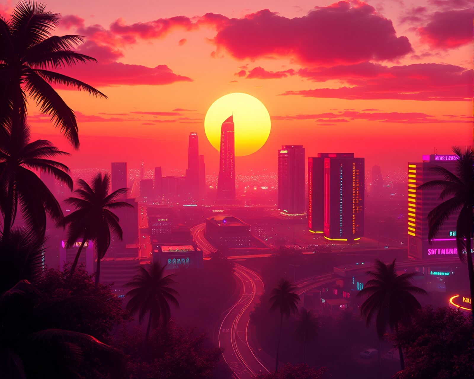 Panoramic view of savannah with a vibrant synthwave aesthetic.