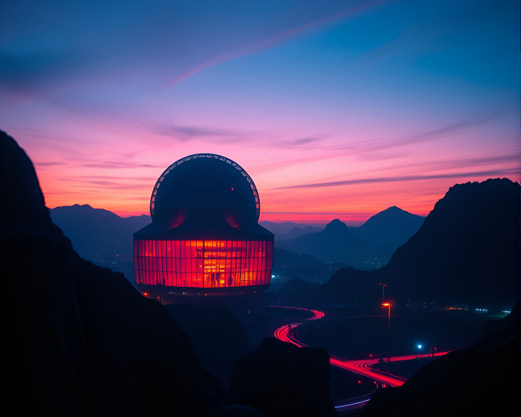 Twilight Futuristic Space Habitat in Retrowave Style – free AI stock image