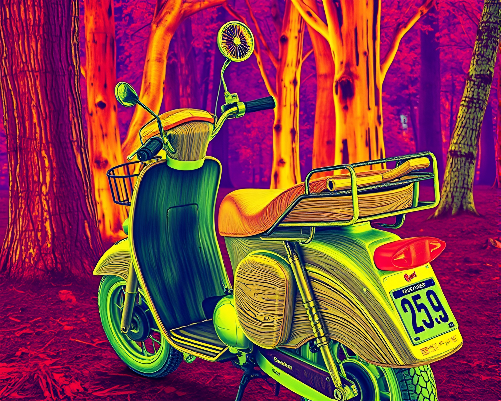 Anime-style Rickshaw Ride Through Thermal Wood Grain Forest – free AI stock image