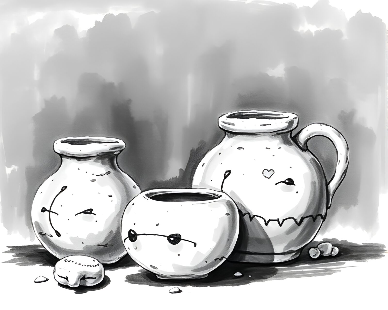 Antarctic-inspired pottery adorned with tattoo flash charcoal strokes