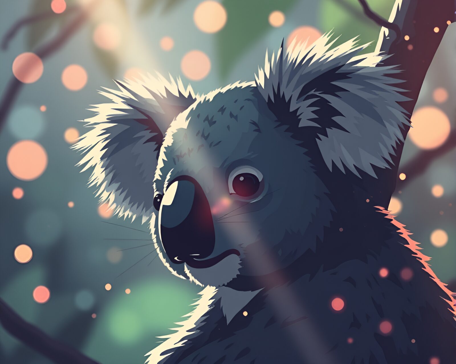 Pixel art koala in sun's rays with floating dust particles