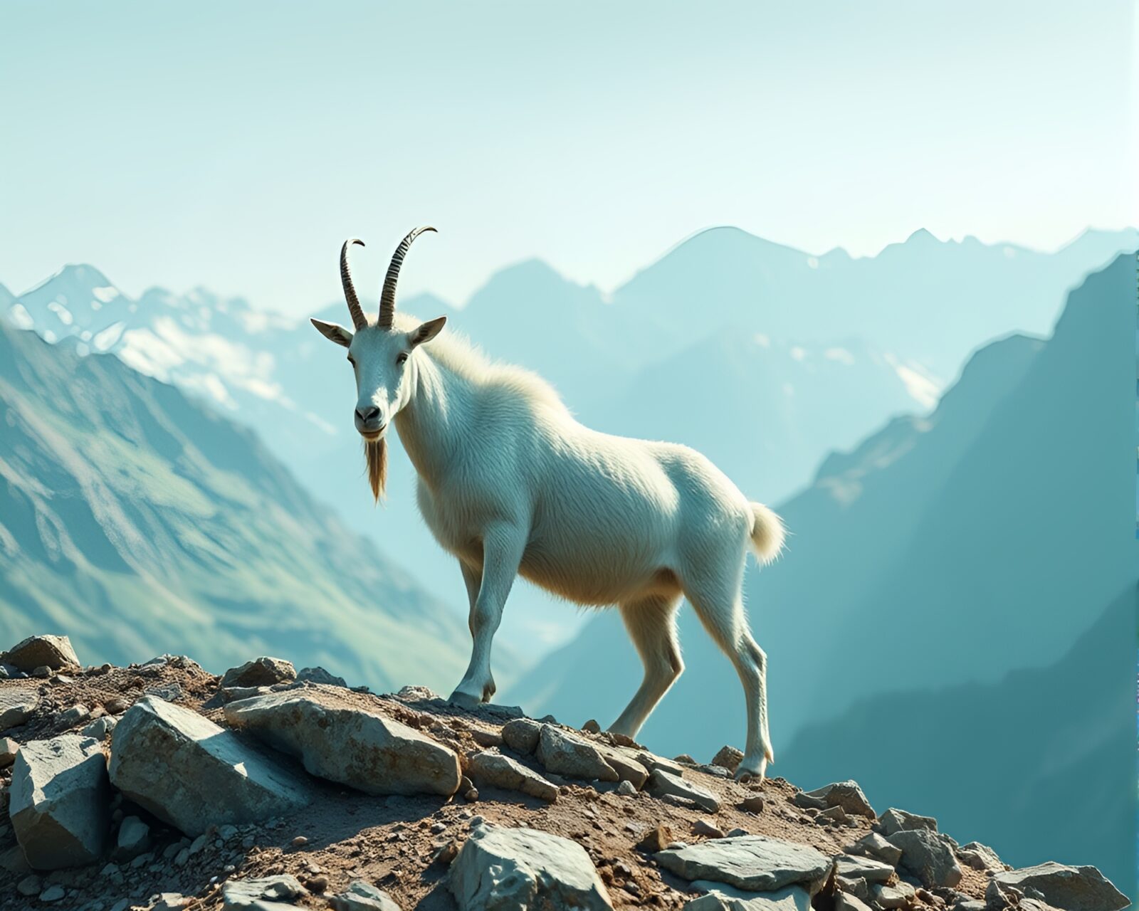 Mountain goat surrounded by mint green light and origami shapes