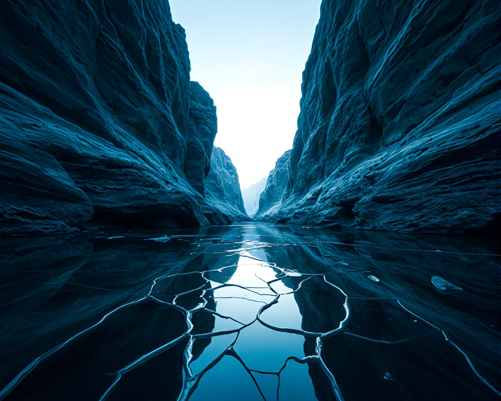 Broken glass mirroring canyon in monochrome blue ambiance